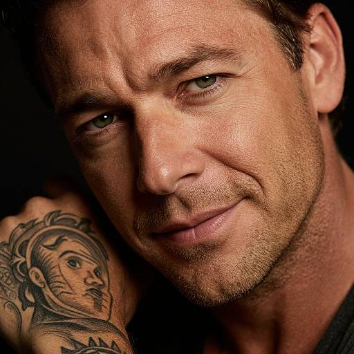 Close-up photograph of a rugged, middle-aged man with short brown hair, green eyes, and a tattooed arm, smiling subtly against a dark background