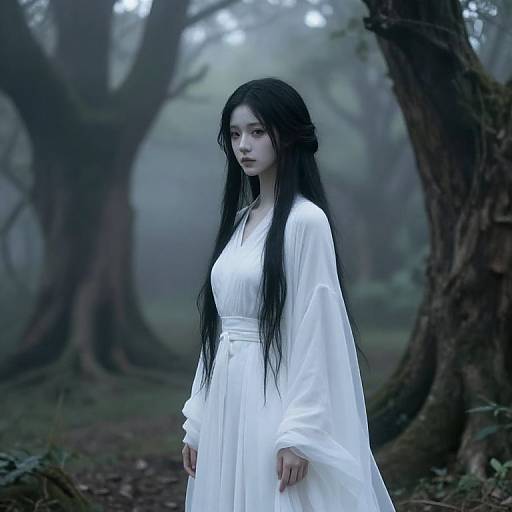 Photograph of a pale-skinned, long-black-haired woman in a white, flowing dress standing in a misty, dark forest with large trees.