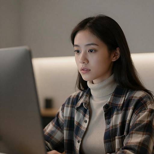Young Woman at Computer with Neutral Expression