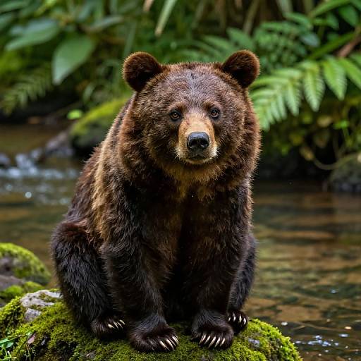 Photograph of a large, brown bear with dark fur and sharp claws, sitting on a mossy rock in a lush, green forest by a flowing