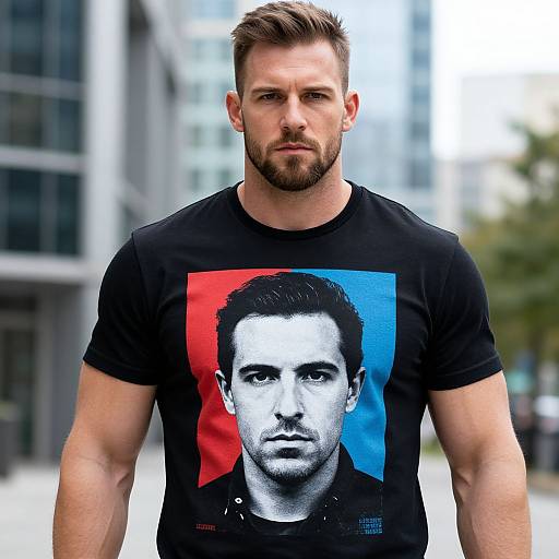 Photograph of a muscular, bearded Caucasian man with short brown hair, wearing a black T-shirt featuring a monochrome portrait of a man's face