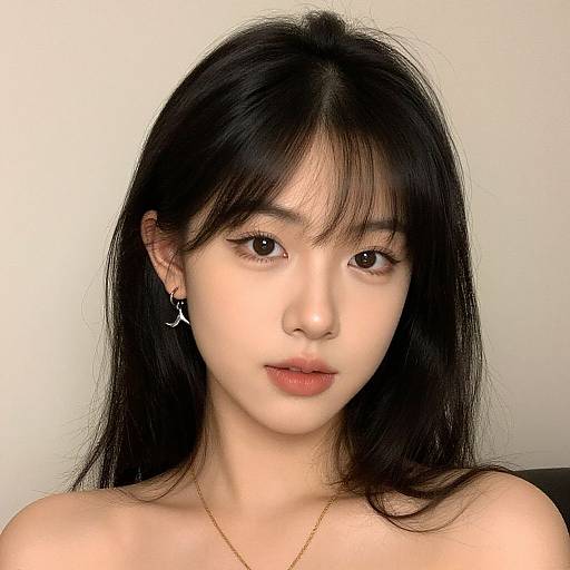 Photograph of an Asian woman with fair skin, long black hair, brown eyes, wearing small hoop earrings and a thin gold necklace, against a plain