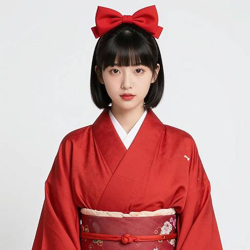 Woman in Red Kimono with Bow