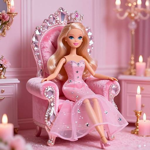 Photograph of a blonde, blue-eyed doll in a sparkling pink gown and tiara, sitting on a glittery pink throne, surrounded by candles in