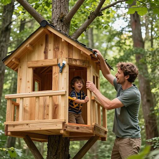 Photograph of a bearded man in a green shirt and khaki pants, building a wooden treehouse with a young boy in a striped shirt,