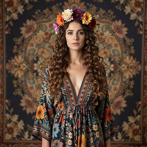 Photograph of a curly-haired woman with a colorful flower crown, wearing a deep V-neck, floral-patterned dress, standing against a ornate,