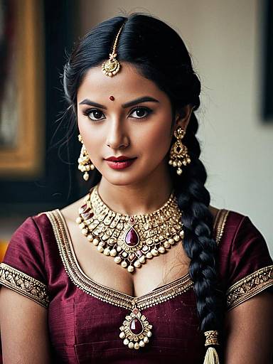Indian woman in burgundy lehenga with traditional jewelry