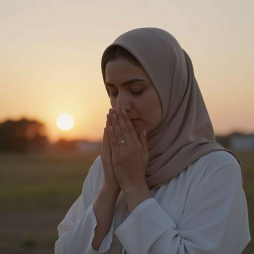 Woman Praying at Sunset Outdoors