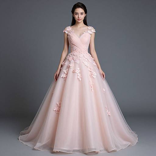 Photograph of a slender, fair-skinned woman with long black hair in a pink, floral-embellished, V-neck ball gown with a