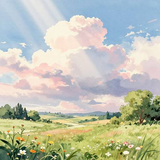 Watercolor Doves in Sunny Countryside