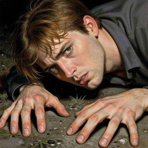 Photorealistic digital image of a dirty-faced, brown-haired man with blue eyes, lying on ground, hands extended, wearing dark shirt, intense expression
