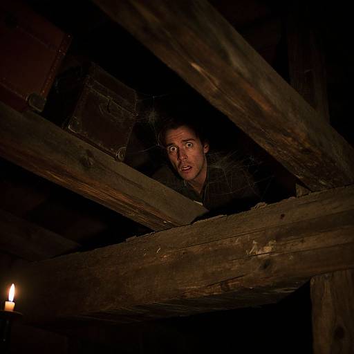 Photograph of a startled man with dark hair peering through rustic wooden beams in a dimly lit, shadowy room, illuminated by a single candle