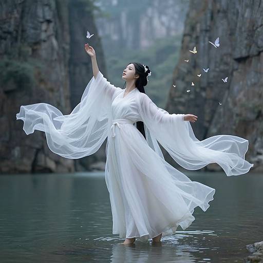Photograph of an Asian woman in a flowing white dress, standing in a river, arms raised, surrounded by floating butterflies, between rocky cliffs.