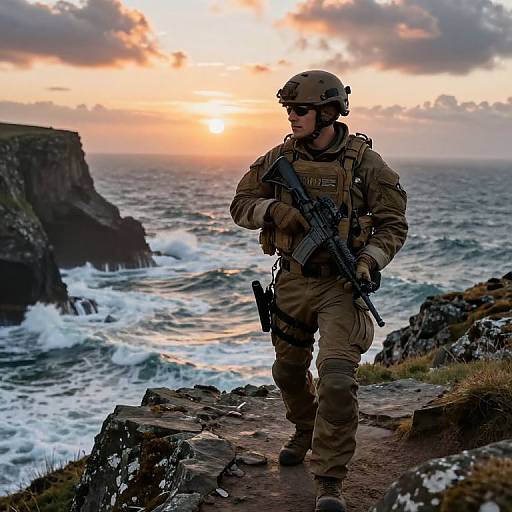 Photograph of a soldier in tan camouflage gear and helmet, holding a rifle, standing on rocky coastal cliff at sunset with waves crashing in background.