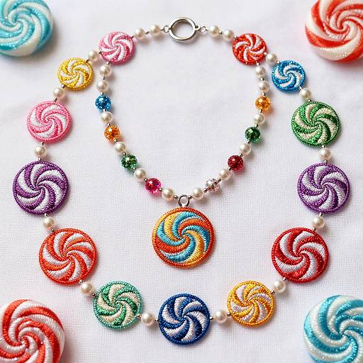 Photograph of a beaded necklace featuring colorful, swirl-patterned candy-like beads, surrounded by matching candies on a white background.