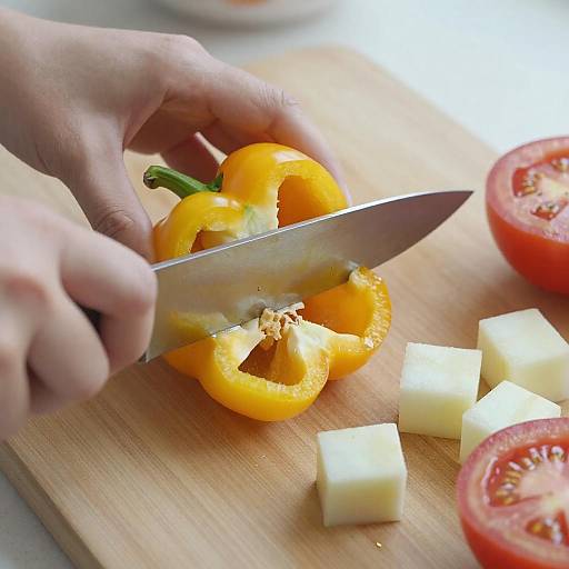 Close-Up of Hand Cutting Bell Peppers
