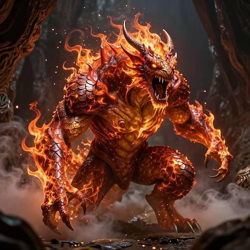 Fiery Mythical Creature in Dark Cavern