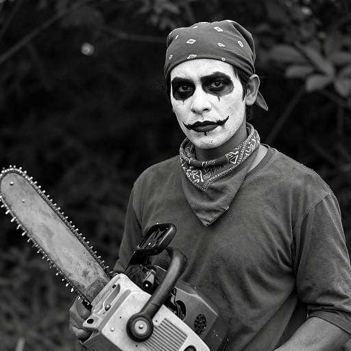 Intense Portrait with Chainsaw in Shadows