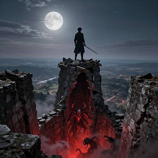 Warrior on Tower Overlooking Demonic Chasm