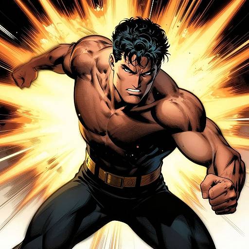 Muscular, dark-haired male superhero with intense expression, topless, black pants, golden aura, fists raised, comic-style digital art.