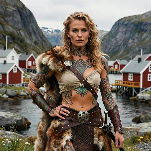Tattooed woman with blonde hair, fur cloak, and tribal armor stands confidently in front of red Nordic houses and mountains. Photorealistic CGI