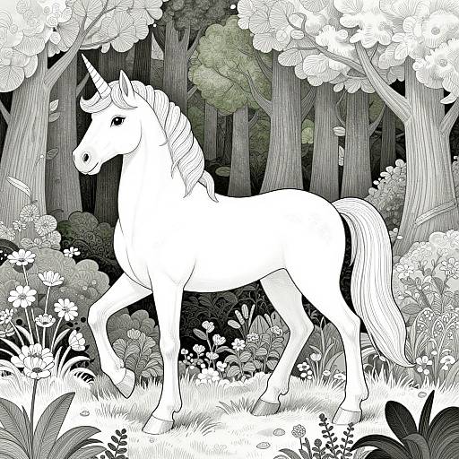 Black-and-white illustration of a white unicorn with a flowing mane and tail, walking through a detailed, floral forest with tall trees.