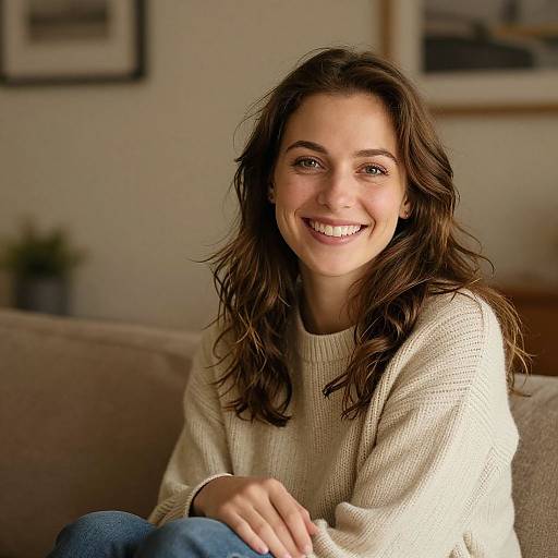 Photograph of a smiling young woman with wavy brown hair, wearing a cream sweater and blue jeans, seated on a beige couch in a warmly lit