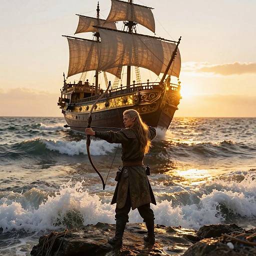 Elven Archer Amid Mystic Ocean Waves
