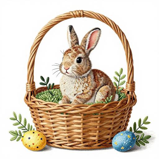 Colorful digital illustration of a cute brown rabbit in a woven basket, surrounded by greenery, with two decorated Easter eggs on the ground.