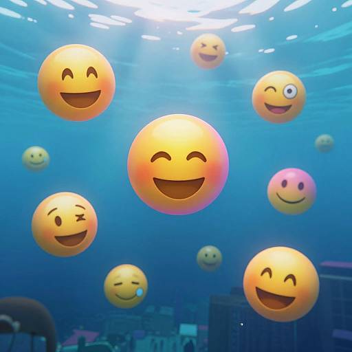 Digital photograph of eight floating emoji faces with various expressions (smiling, winking, blushing) in a bright, underwater-like blue environment with sunlight