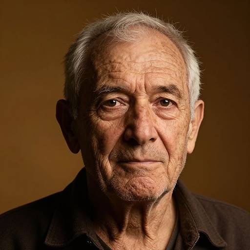 Photograph of an elderly man with white hair, wrinkled skin, and a gentle expression, wearing a dark shirt, against a brown background.