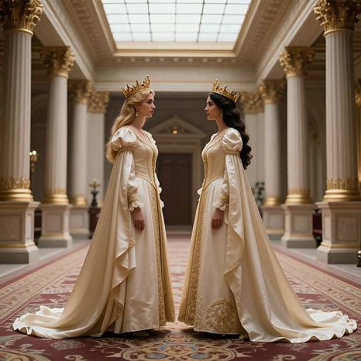 Photorealistic digital art of two regal women in gold crowns and ivory gowns with long trains, standing in an opulent, columned