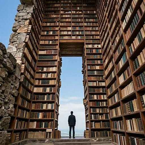 Photograph of a solitary figure standing in a massive, wooden bookshelf structure with stone pillars, viewed from behind, under a bright blue sky.