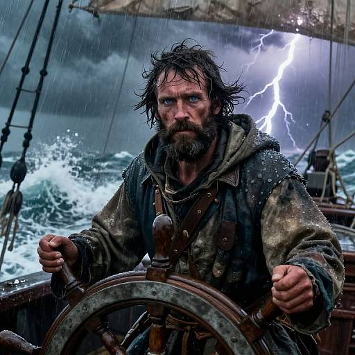 Photorealistic digital art of a rugged, bearded man with wet, disheveled hair steering a wooden ship in a stormy sea, lightning