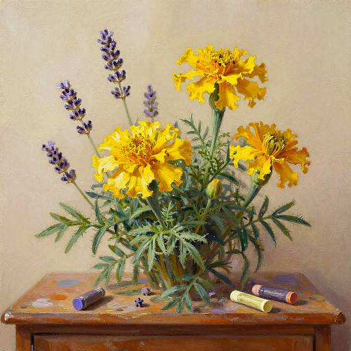 Still Life with Yellow Marigolds and Lavender