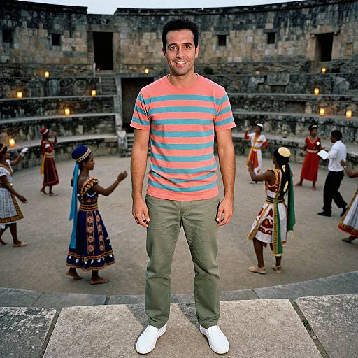 Man in Striped Tee at Ancient Amphitheater