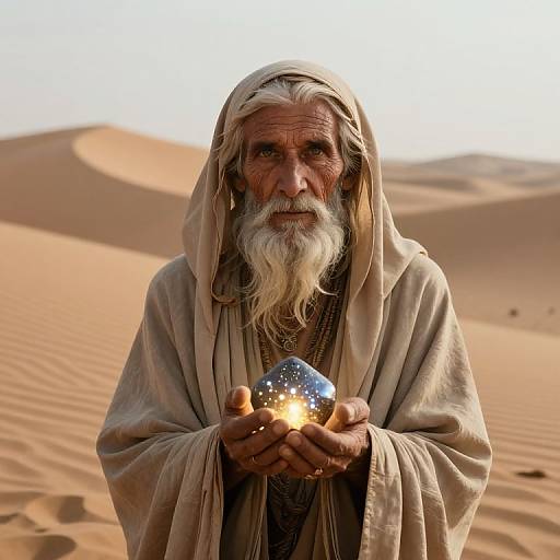 Photograph of an elderly, bearded man with a white robe, holding a glowing, starry orb in a desert with sand dunes.