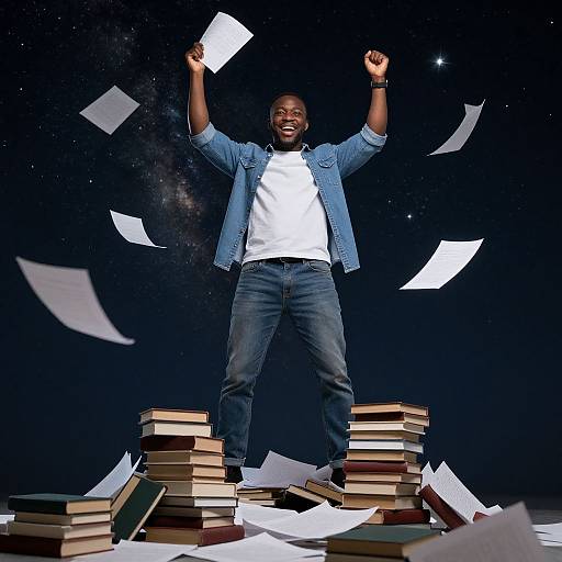 Photograph of a smiling Black man in a blue jacket and white shirt, standing on stacks of books with papers flying around, arms raised, against a