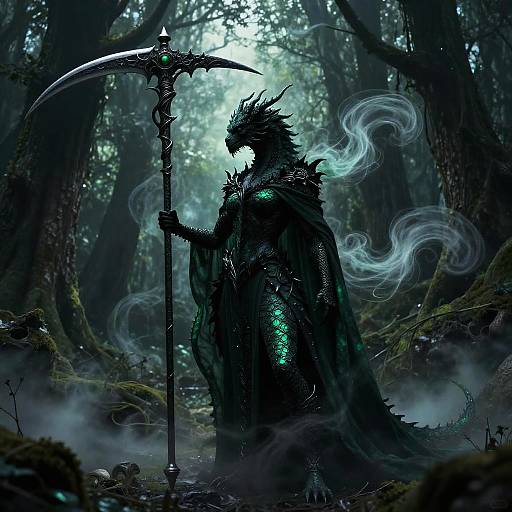 Digital fantasy artwork of a dark, armored dragon-like warrior with glowing green accents, wielding a large scythe in a misty, dense forest. Eth