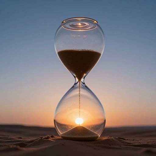 Photograph of a clear glass hourglass at sunset, with the sun shining through the sand, set against a gradient blue-to-orange sky.