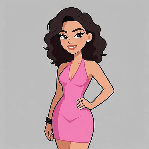 Cartoon-style digital drawing of a confident woman with wavy black hair, wearing a tight, pink halter dress, black bracelet, and smiling,