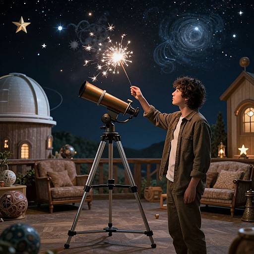 Man Lighting Telescope in Starry Observatory