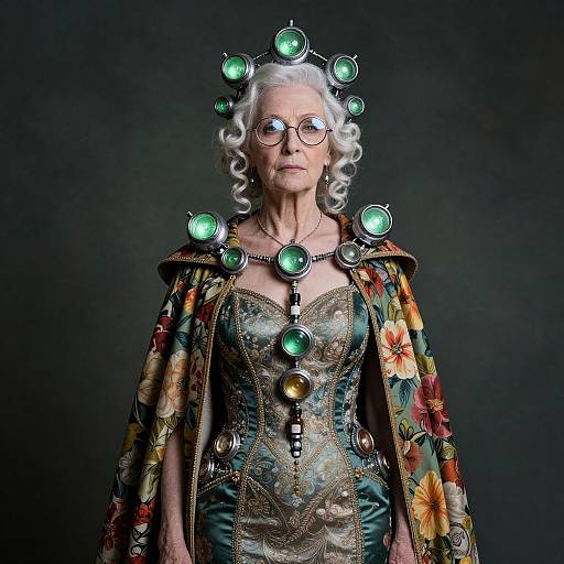 Photograph of an elderly woman with white curly hair, wearing a green, ornate corset, floral cape, and futuristic, glowing headpiece and