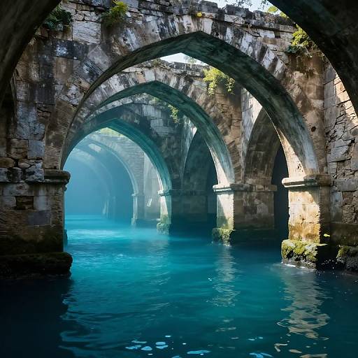 Photograph of a historic, stone-arched bridge over a tranquil, blue-green canal with sunlight filtering through mist, moss growing on the arches