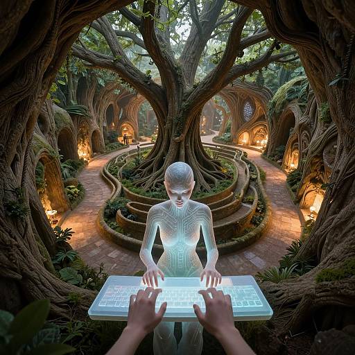 Photorealistic CGI: Ghostly, glowing, androgynous figure with transparent body stands in enchanted, treehouse village, interacting with illuminated tablet