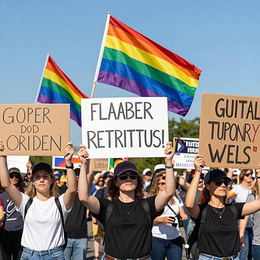 Photograph of a diverse LGBTQ+ protest with three women in black shirts holding rainbow flags and signs saying 