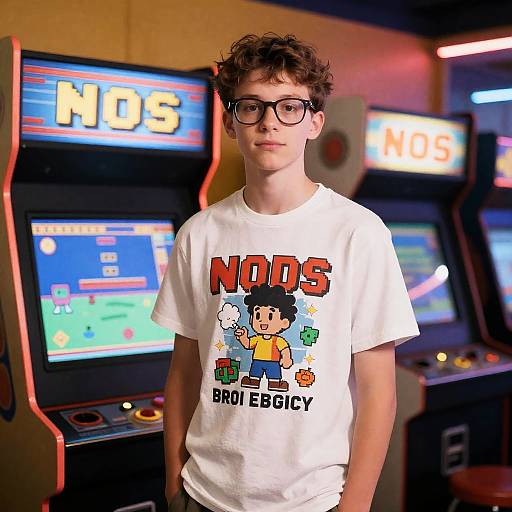 Photograph of a young boy with curly brown hair and glasses, wearing a white 
