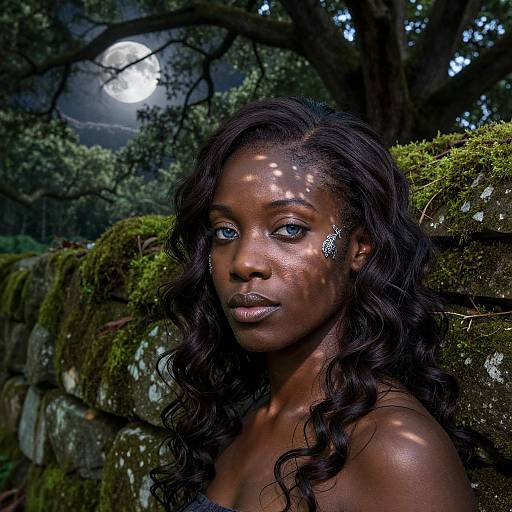 Photograph of a dark-skinned woman with long, wavy black hair, blue eyes, and silver star-shaped hairpins, illuminated by moonlight