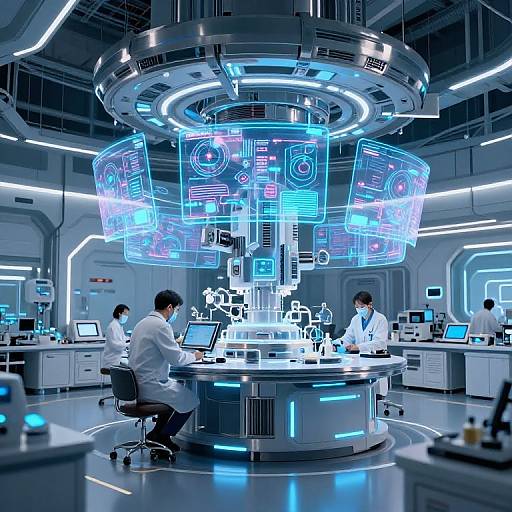 Photorealistic CGI of a futuristic lab with four scientists in white lab coats, surrounded by glowing blue holographic screens and high-tech equipment, in a