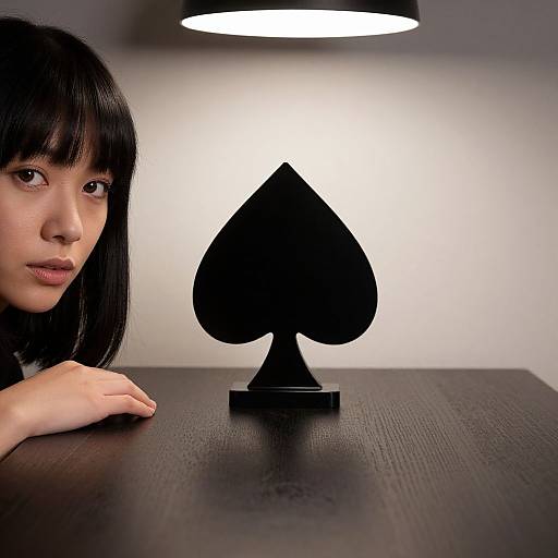 Photograph of an Asian woman with black hair and bangs, looking at a black spade-shaped lamp on a dark wooden table. Bright lamp light